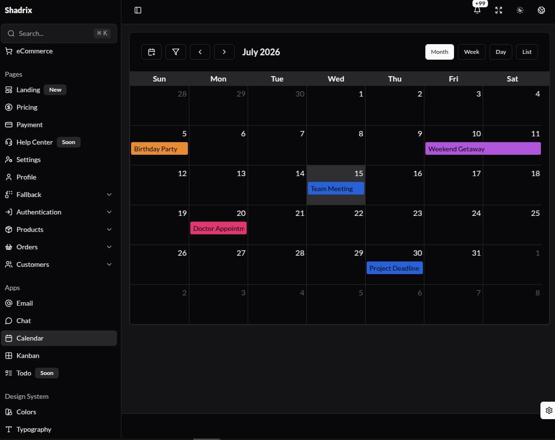 Calendário operacional com eventos